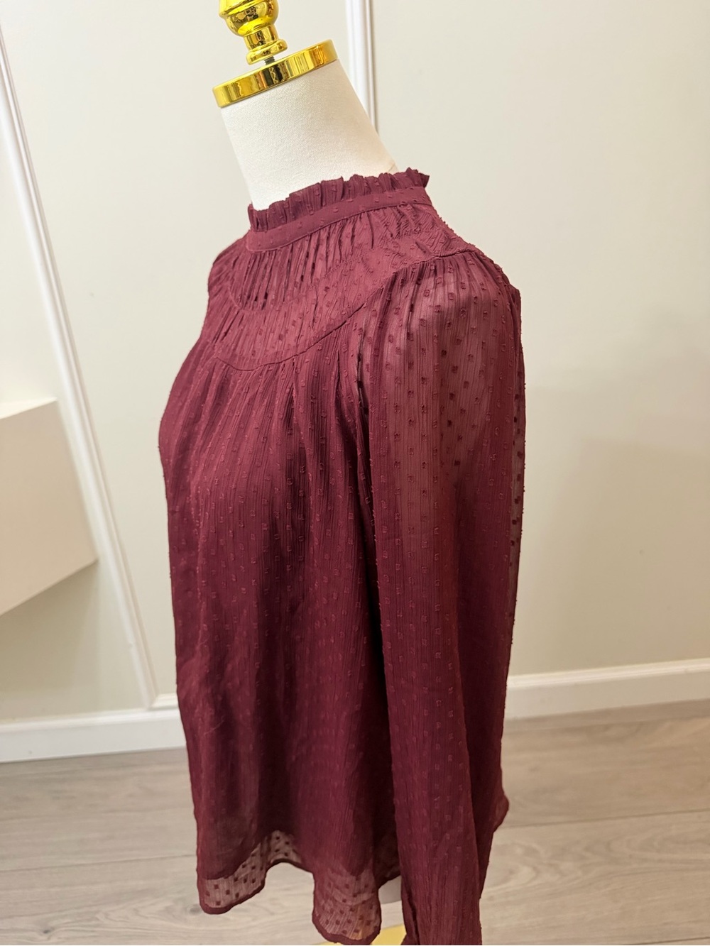 LOFT Burgundy Smocked High-Neck Blouse - Picture 6 of 11